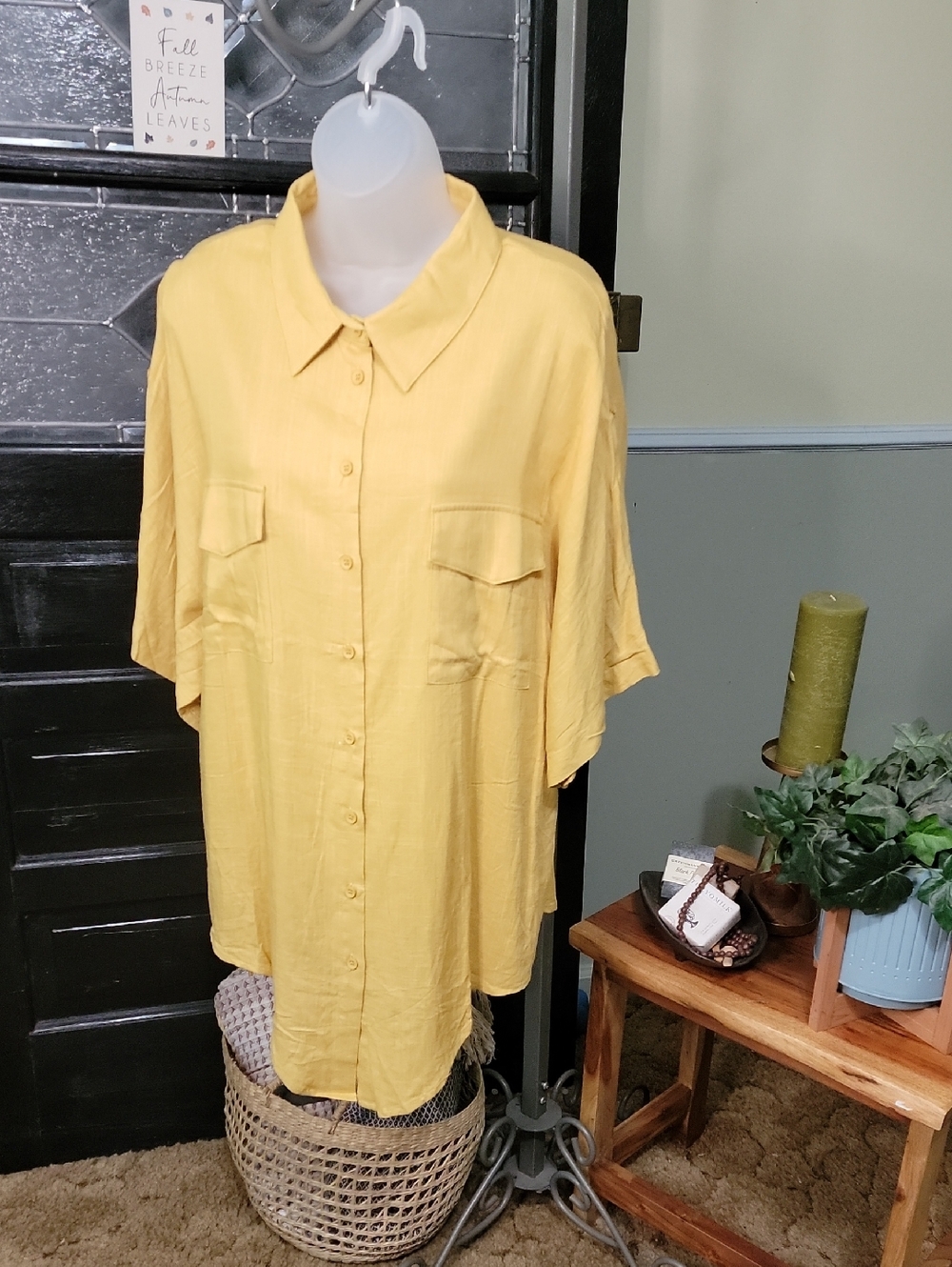 #77 NWT DAVI & DANI Mustard Button-Up Top Linen Blend Tab Sleeves Woman Size 2XL